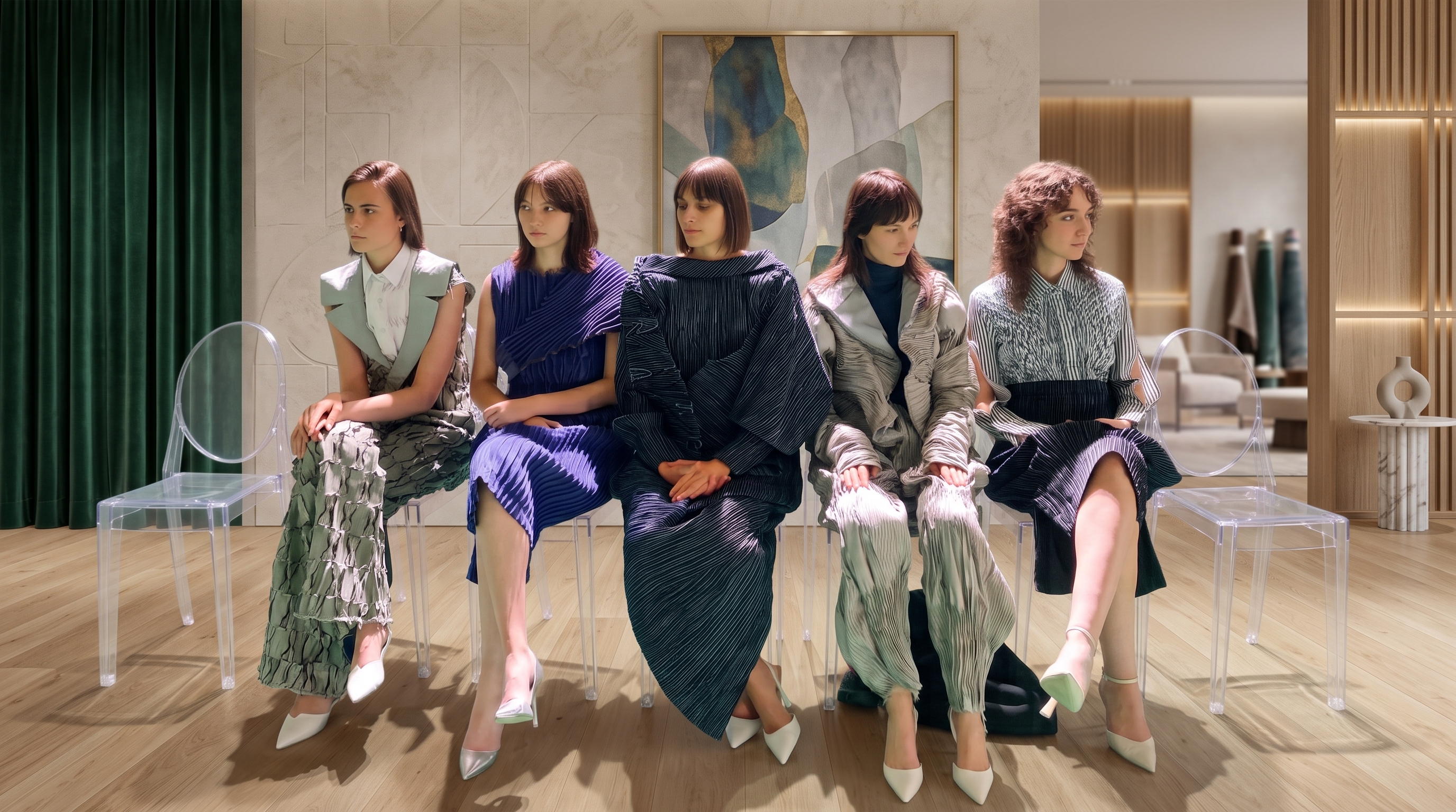 Models seated at the Espace Niemeyer presentation of Aachal Rai's SUIT UP graduate collection, Istituto Marangoni Paris, July 2023