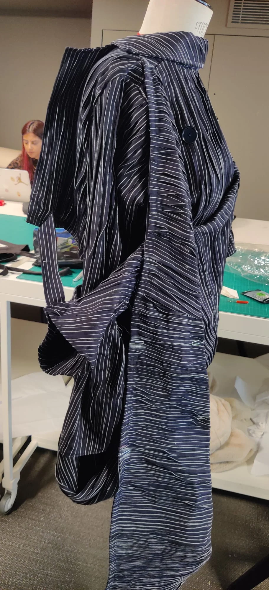 Power Pinstripe Perfection's pleating construction, pinned in progress on a dress form