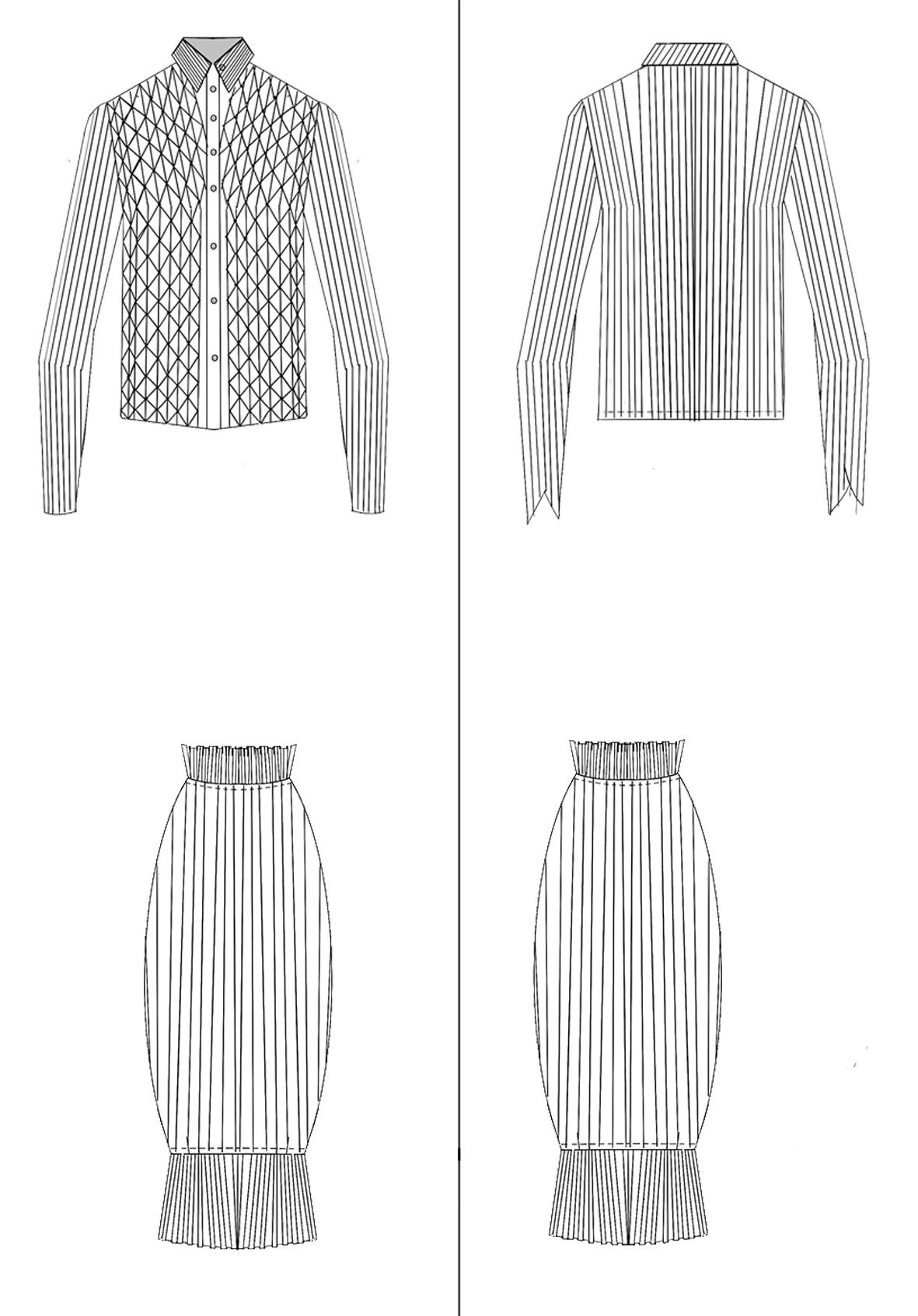 Technical flat drawings, front and back, for The Paralegal Fit