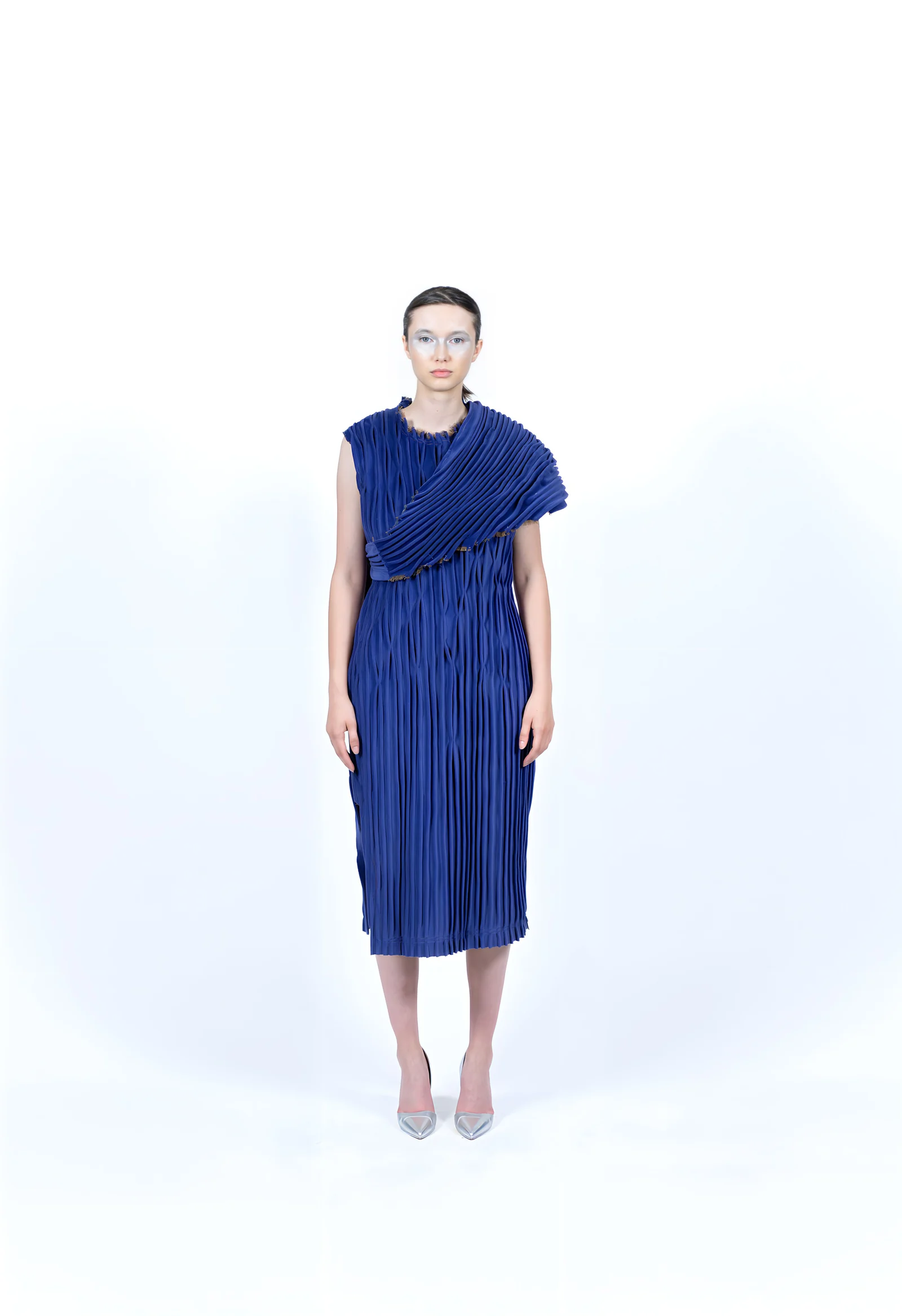 Istituto Marangoni Paris graduate show, July 2023 — The Receptionist Charm's pleated one-shoulder dress photographed in studio