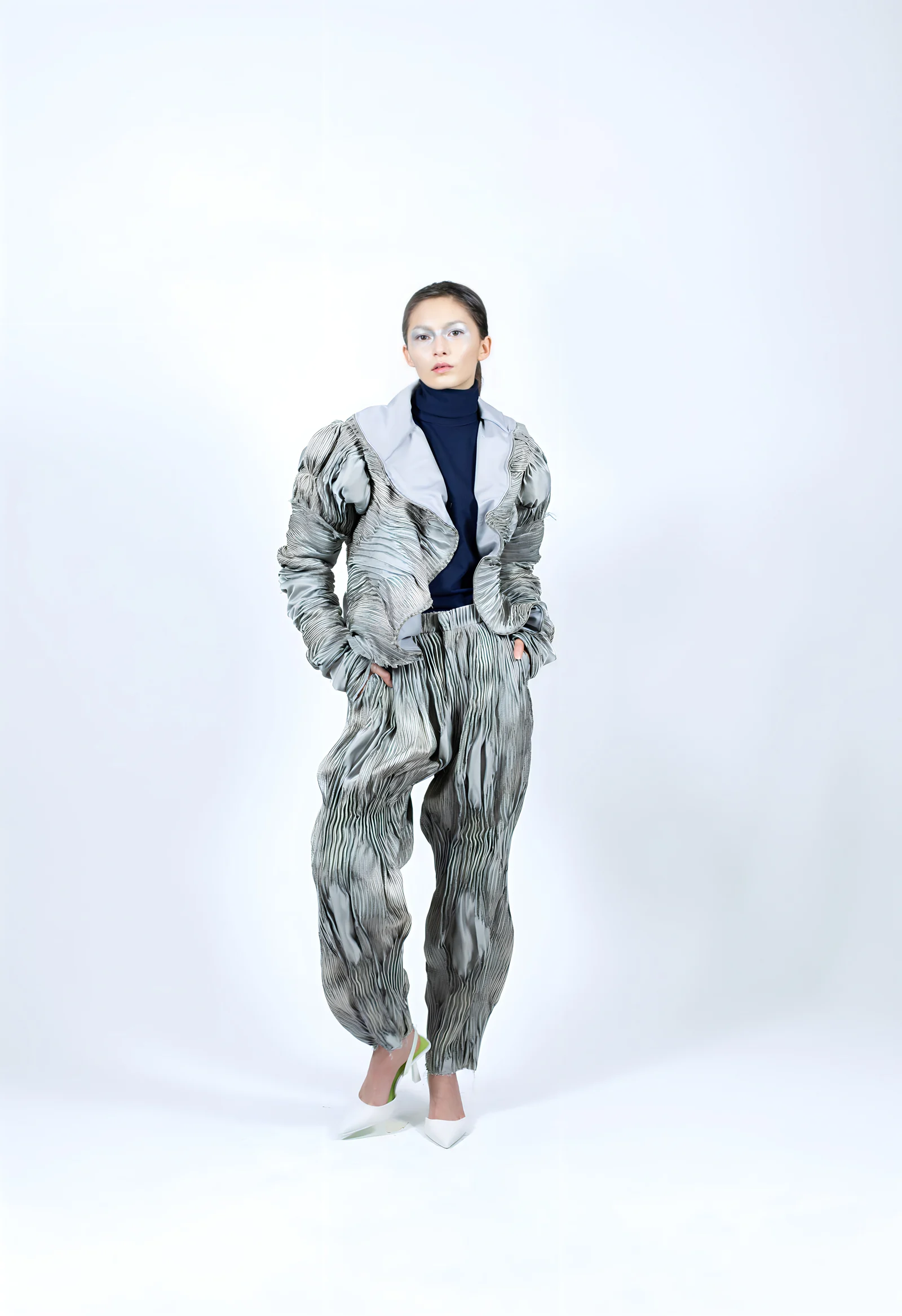Istituto Marangoni Paris graduate show, July 2023 — Authority Attire's deconstructed jacket and trousers photographed in studio