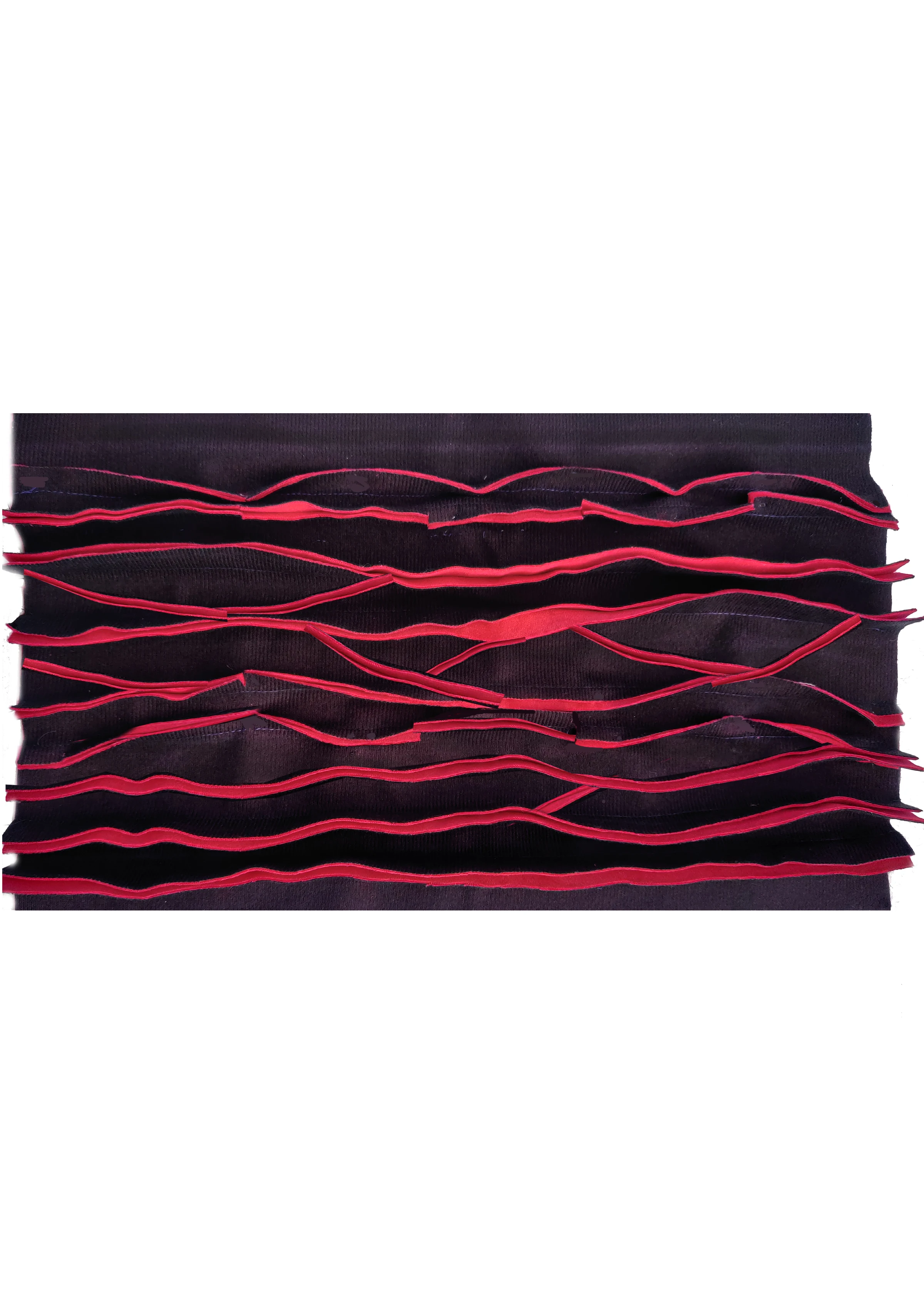 Double-sided velvet textile manipulation depicting a figure before the ocean with pink blooms along the shore